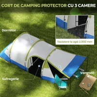 Cort de Camping Outsunny Impermeabil cu 2 Zone și 3 Intrări, din Poliester și Fibră de Sticlă, 420x200x150 cm, Verde(m-4)