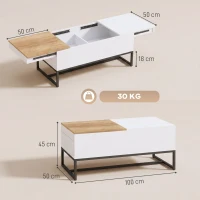 HOMCOM Masă de cafea extensibilă cu blat culisant, masă de living cu spațiu de depozitare ascuns și picioare din oțel, Alb(m-3)