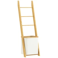 HOMCOM Estantería para Baño de Bambú Toallero de Pie con 3 Barras Cesto para Ropa Sucia Extraíble de 48 L Crema(m-1)