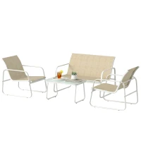 Outsunny Conjunto Jardín Exterior de 4 Piezas con Sofá de 2 Plazas 2 Sillones Mesa de Vidrio Templado Tela Textilene Caqui(m-11)