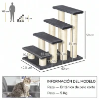 PawHut Escalera para Mascotas 60x42x61 cm Escalera para Gatos Perros Mayores Enfermos Pequeños Cubierta Suave de Peluche Rascador de Sisal Estable 4 Pasos Gris(m-3)