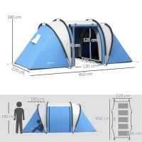 Outsunny Tienda de Camping Familiar para 4-5 Personas con 2 Habitaciones Separadas Puertas y Ventanas 450x220x180 cm Azul(m-3)