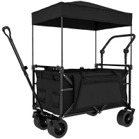 Outsunny Carrinho de Transporte com Rodas Grandes Travão Teto Amovível Carro Dobrável para Jardim com Barra Ajustável 125x59x133 cm Preto(m-1)