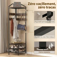 HOMCOM Meuble d'entrée d'angle, vestiaire à 4 niveaux, rangement pour chaussures, 8 patères mobiles, 2 étagères, brun rustique(m-6)