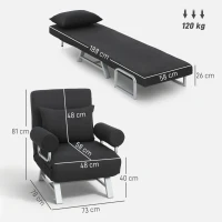 HOMCOM Single Sofa Bed, 3-in-1 Convertible Folding Chair Bed with Adjustable Backrest, Removable Armrests, Black(m-3)