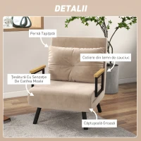 HOMCOM, Fotoliu Pat 3 în 1, Cu Spătar Reglabil și Pernă, din Material cu Aspect Catifelat, 63x73x81 cm, Bej(m-6)