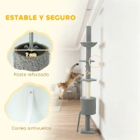 PawHut Árbol para Gatos de Piso a Techo Altura Ajustable 220-240cm con Hamaca Plataformas en Flor Cuevas Rampa Bola Gris Claro(m-7)