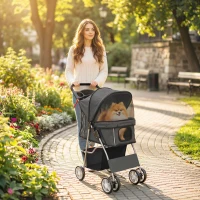 PawHut Dog Pram, Pet Stroller with Reflective Strips, Foldable Cat Stroller with 360° Swivel Wheels, Dark Grey(m-10)