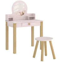 AIYAPLAY Set Masă de Toaletă pentru Fete cu Taburet, Oglindă, Sertar, din Lemn de Pin și MDF, pentru 3-6 Ani, Roz(m-1)