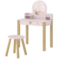 AIYAPLAY Set Masă de Toaletă pentru Fete cu Taburet, Oglindă, Sertar, din Lemn de Pin și MDF, pentru 3-6 Ani, Roz(m-12)