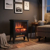 HOMCOM Șemineu Electric de 1800W cu Efect de Flacără la 3 Intensități, din Metal și Sticlă, 36x21x47 cm, Negru(m-7)