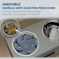 PawHut Gamelle Chien Surélevée avec Bols Anti-Glouton & Eau en Acier Inoxydable, Tiroir de Rangement, 60x30x35cm, Gris(m-4)