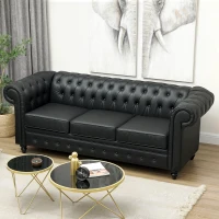 HOMCOM Canapea Chesterfield cu 3 locuri, tapițată, cu arcuri individuale, din piele sintetică, 213x86x79 cm, negru(m-10)