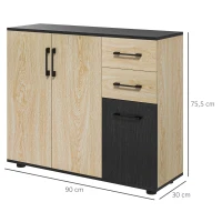 HOMCOM Aparador de Salón Estrecho con 2 Puertas 2 Cajones Estante Ajustable 90x30x75,5 cm Natural y Negro(m-3)
