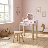 AIYAPLAY Set Toeletta Trucco Bambina con Sgabello, Specchio e Cassetto in Legno, Età 3-6 Anni, Rosa(m-9)