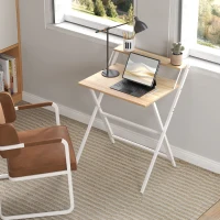 HOMCOM 70 cm Folding Computer Desk with Monitor Shelf - Natural Wood Finish(m-7)