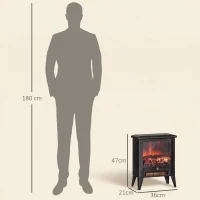 HOMCOM Șemineu Electric de 1800W cu Efect de Flacără la 3 Intensități, din Metal și Sticlă, 36x21x47 cm, Negru(m-3)