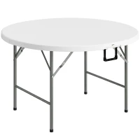 Outsunny Mesa Auxiliar Redonda Mesa de Jardín Plegable con Marco de Acero y Encimera de HDPE Carga 80 kg Ø122x73 cm Blanco(m-1)