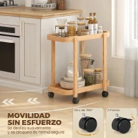 HOMCOM Carrito de Cocina de Bambú de 2 Niveles Carrito Auxiliar para Cocina con Ruedas 2 Estantes 54x36,5x60 cm Natural(m-4)