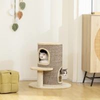PawHut Torre per Gatti a 2 Livelli con 2 Nascondigli, Piattaforma, Superficie in Sisal, 60x60x 61 cm, Beige e Marrone(m-2)