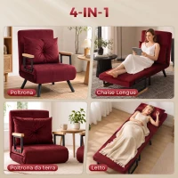 HOMCOM Poltrona Letto Imbottita 3 in 1 con Schienale Reclinabile in 5 Posizioni e Cuscino, 63x73x81 cm, Rosso Vino(m-4)