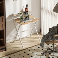 HOMCOM 70 cm Folding Computer Desk with Monitor Shelf - Natural Wood Finish(m-9)
