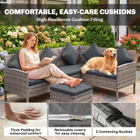 Outsunny tsunny 6-Seater Rattan Dining Set Sofa Table Footstool Outdoor w/ Cushion Garden Furniture, Dark Grey(m-5)