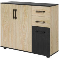 HOMCOM Aparador de Salón Estrecho con 2 Puertas 2 Cajones Estante Ajustable 90x30x75,5 cm Natural y Negro(m-10)