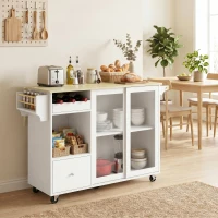 HOMCOM Isla de Cocina con Encimera Abatible Ruedas Puertas Correderas de Vidrio Botellero Cajón Especiero Estante Ajustable(m-9)