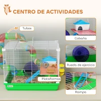 PawHut Jaula para Hámster con Túnel Cuenco Bebedero Casita Rampa Rueda de Ejercicio Bandeja Extraíble 46x30x37 cm Verde(m-4)