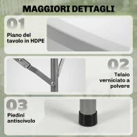 Outsunny Tavolo Pieghevole per Giardino e Campeggio, in Acciaio e HDPE, Ø122x73 cm, Grigio e Bianco(m-6)