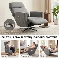 HOMCOM Fauteuil Relax Électrique Pivotant 360°, Fauteuil Inclinable avec Appui-Tête Réglable, Ports USB, Tissu en Lin, Gris(m-4)