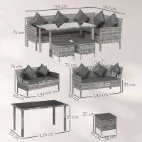 Outsunny tsunny 6-Seater Rattan Dining Set Sofa Table Footstool Outdoor w/ Cushion Garden Furniture, Dark Grey(m-3)