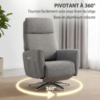 HOMCOM Fauteuil Relax Électrique Pivotant 360°, Fauteuil Inclinable avec Appui-Tête Réglable, Ports USB, Tissu en Lin, Gris(m-6)