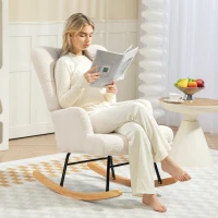 HOMCOM Poltrona Baloiço em Borrego Poltrona para Amamentação com Encosto Capitonê e Base de Madeira 65x88x87 cm Creme(m-6)