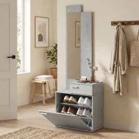 HOMCOM Ensemble meuble d'entrée avec meuble à chaussures abattant, vestiaire avec miroir, tiroir et plateau, gris(m-14)