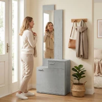 HOMCOM Ensemble meuble d'entrée avec meuble à chaussures abattant, vestiaire avec miroir, tiroir et plateau, gris(m-7)