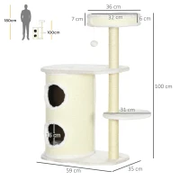 PawHut Albero Tiragraffi per Gatti Alto 100 cm con Palo Graffiatoio in Sisal, Cesto e Casetta a 2 Livelli, Crema(m-3)