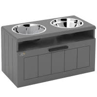 PawHut Gamelle Chien Surélevée avec Bols Anti-Glouton & Eau en Acier Inoxydable, Tiroir de Rangement, 60x30x35cm, Gris(m-1)