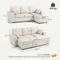HOMCOM Eck-Schlafsofa aus Chenille, Modulares 3‑Sitzer-Schlafsofa 225 cm mit Aufbewahrungs-Pouf, Beige(m-3)