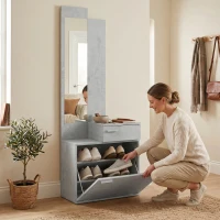 HOMCOM Ensemble meuble d'entrée avec meuble à chaussures abattant, vestiaire avec miroir, tiroir et plateau, gris(m-8)