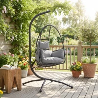 Outsunny Hanging Egg Chair, Indoor Outdoor Swinging Hammock Chair with Stand, Foldable Basket, Side Pocket, Dark Grey(m-2)