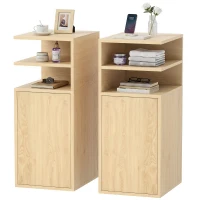 HOMCOM Slim Bedside Table Set of 2, Narrow Bedside Cabinet with Open Cubbies and Cupboard for Bedroom Living Room, Oak(m-15)