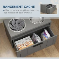 PawHut Gamelle Chien Surélevée avec Bols Anti-Glouton & Eau en Acier Inoxydable, Tiroir de Rangement, 60x30x35cm, Gris(m-6)