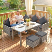 Outsunny tsunny 6-Seater Rattan Dining Set Sofa Table Footstool Outdoor w/ Cushion Garden Furniture, Dark Grey(m-9)