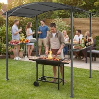 Outsunny Cenador para Barbacoa de 2,4 x 1,5 m Cenador de Pérgola Exterior con 2 Estantes Laterales y Ganchos Gris Oscuro(m-8)