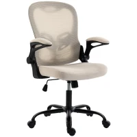 HOMCOM Cadeira de Escritório Ergonômica, Poltrona em Malha, Braços Rebatíveis, Altura Ajustável, Função de Inclinação, Bege(m-12)