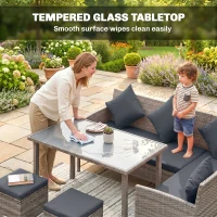 Outsunny tsunny 6-Seater Rattan Dining Set Sofa Table Footstool Outdoor w/ Cushion Garden Furniture, Dark Grey(m-7)