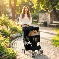 PawHut Dog Pram, Pet Stroller with Reflective Strips, Foldable Cat Stroller with 360° Swivel Wheels, Black(m-14)