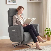 HOMCOM Fauteuil Relax Électrique Pivotant 360°, Fauteuil Inclinable avec Appui-Tête Réglable, Ports USB, Tissu en Lin, Gris(m-17)